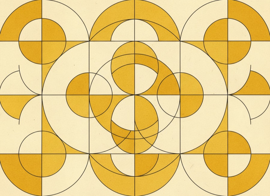 Abstract composition of overlapping golden circles and arcs outlined in black on cream paper