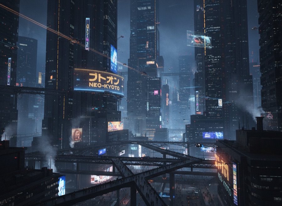 Neon-lit cyberpunk cityscape at night with mist drifting between skyscrapers