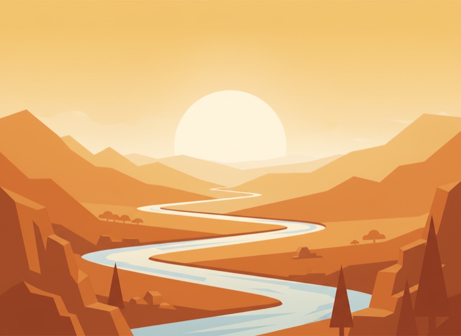Illustrated golden valley at sunset with layered mountain ridges and a winding river