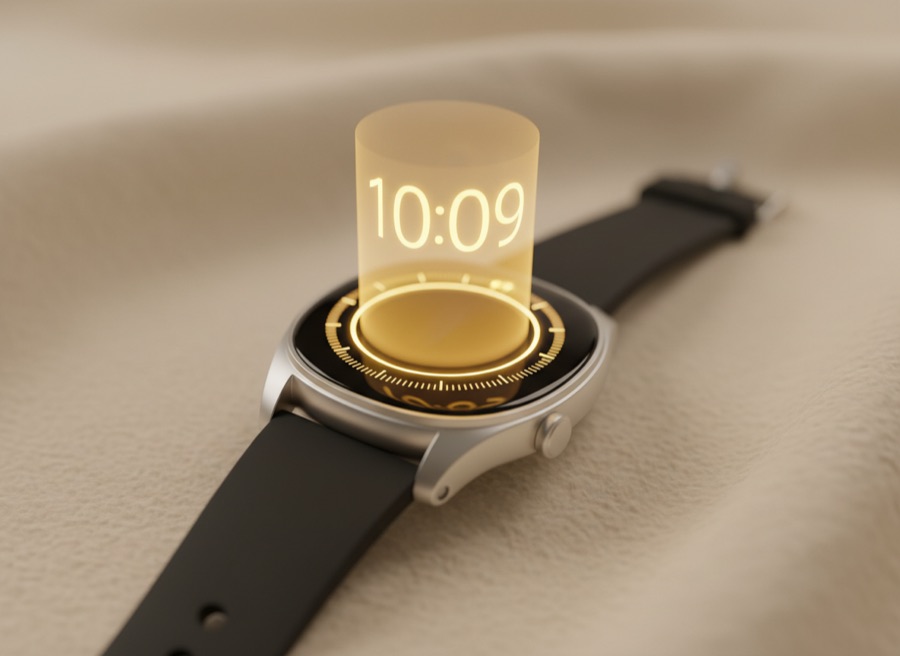 Product shot of a smartwatch on cream fabric projecting a glowing holographic clock face